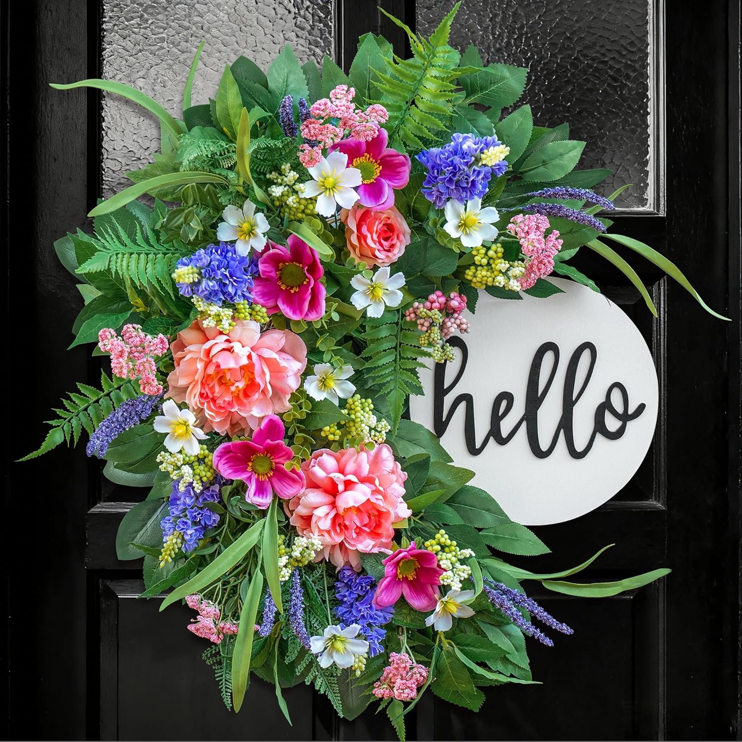 24 Inch Spring Wreath for Front Door with Wooden Welcome Sign, Artificial Peony, Rose, Lavender & Hydrangea Flowers, Spring and Summer Door Wreath for Indoor Outdoor Decor