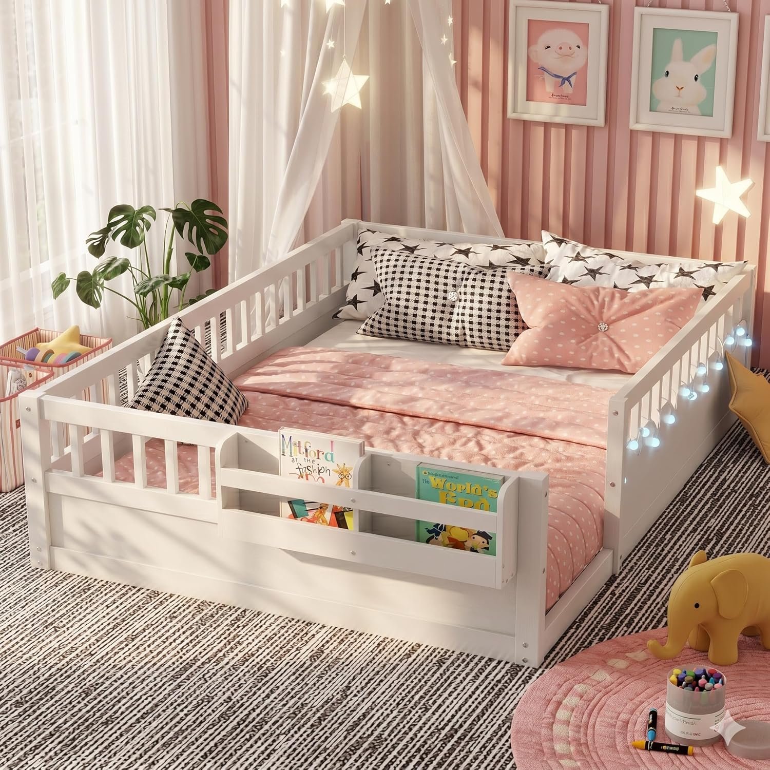 Full Toddler Floor Bed with High Rails, Wooden Montessori Bed Frame with Light and Storage Shelf, Full Size Bed Frame for Kids, Boys and Girls, White