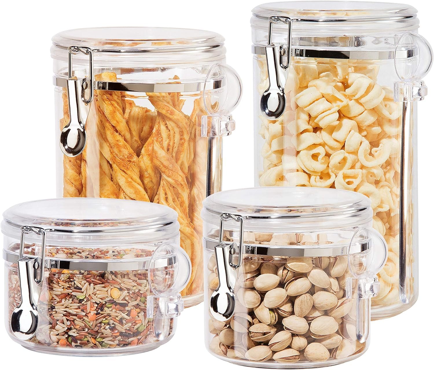 Oggi 4pc Clear Canister Set with Clamp Lids & Spoons – Airtight Food Storage Containers, Ideal for Kitchen & Pantry Storage of Bulk, Dry Food Including Flour, Sugar, Coffee, Rice, Tea, Spices & Herbs