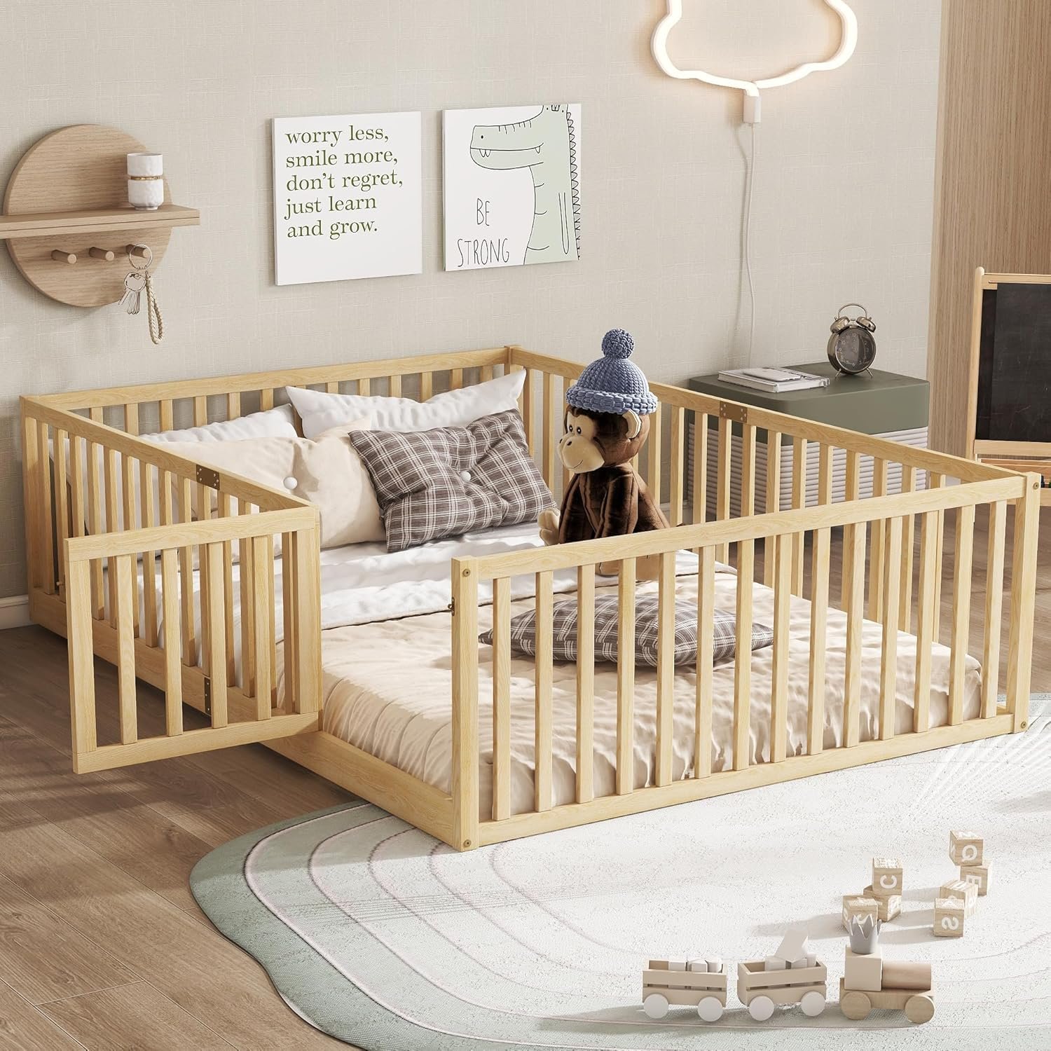 Bellemave Full Size Floor Bed with Slats and Door, Full Size Montessori Floor Bed with Rails, Easy Assemble Montessori Beds Frame for Bedroom, Natural