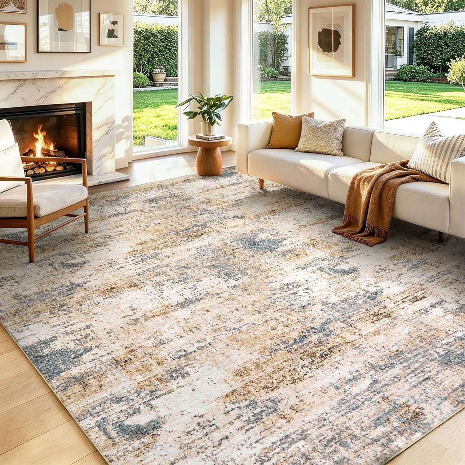 Washable Area Rug Living Room Rugs-8×10 Large Soft Non-Slip Carpet for Bedroom Dining Room Modern Abstract Neutral Low Pile Floor Rugs Stain Resistant Indoor Nursery Home Office,Brown Grey