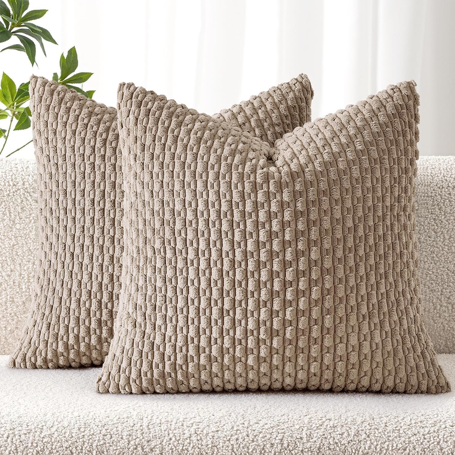 MIULEE Pack of 2 Decorative Throw Pillow Covers 18×18 Inch Soft Boho Striped Textured Corduroy Pillow Covers Modern Farmhouse Home Decor for Couch Bed Sofa Living Room Neutral Light Brown