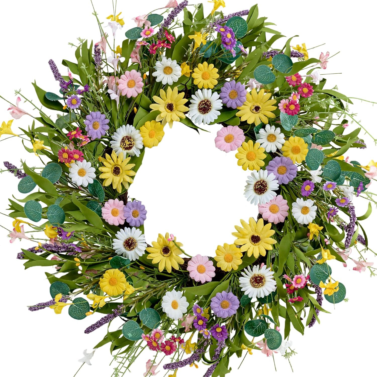 Spring Wreath 22 Inch Artificial Summer Wreath with Yellow Daisy Flowers Green Eucalyptus Leaves Lavender Spring Wreaths for Front Door Home Farmhouse Porch Wall Easter Festival