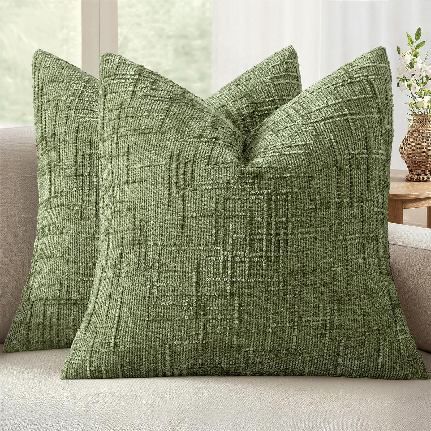 MIULEE Textured Throw Pillow Covers Thick Chenille Decorative Pillows Sage Green 18×18 Inch Set of 2 Modern Boho Farmhouse Spring Home Decor Neutral Cushion Covers for Couch Sofa Living Room Bedroom