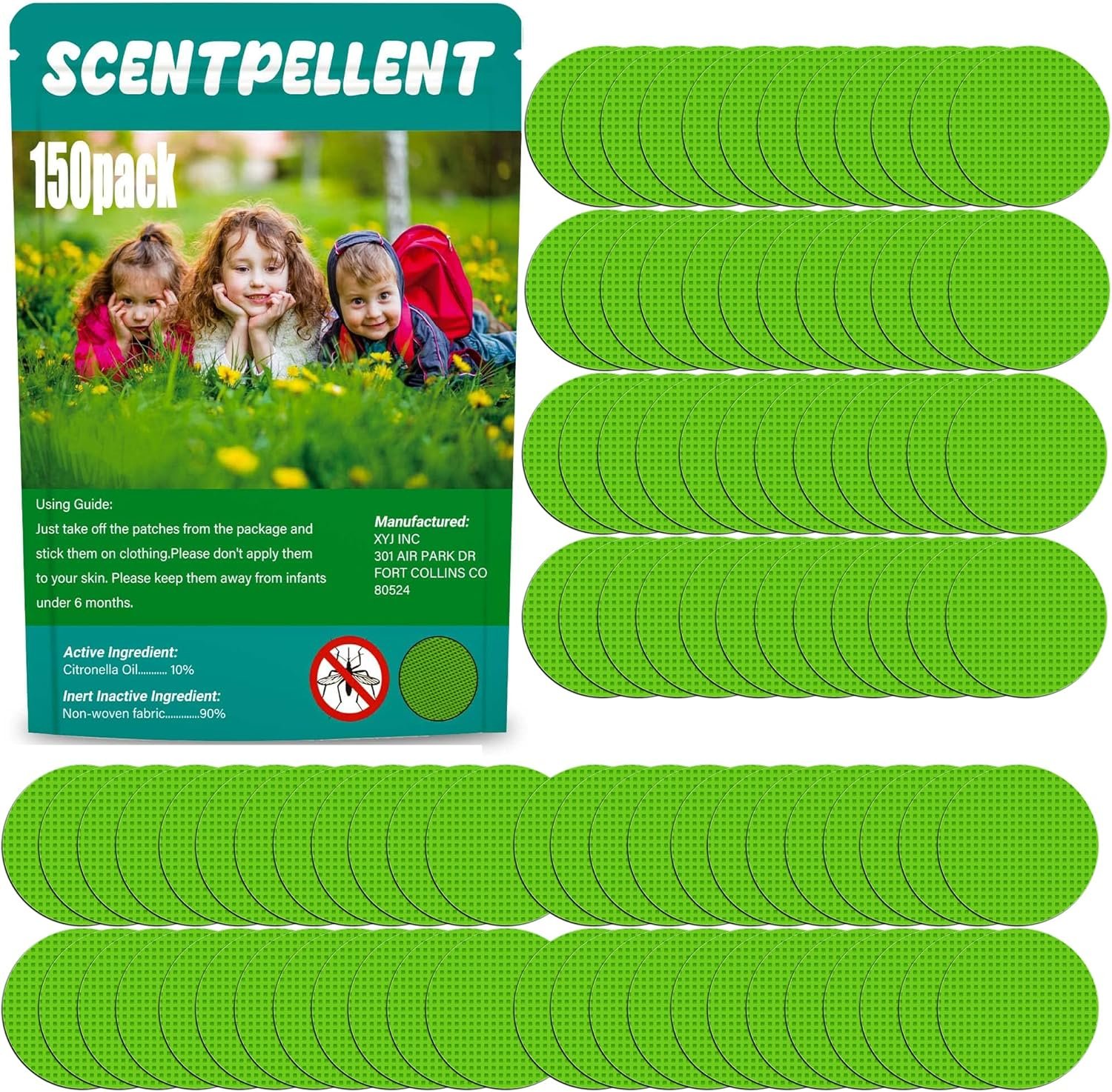 150 Pack Natural Mosquito Repellent Patches, Individually Wrapped Mosquitoes Stickers for Camping Swimming Outdoor Indoor, Deet Free, Green