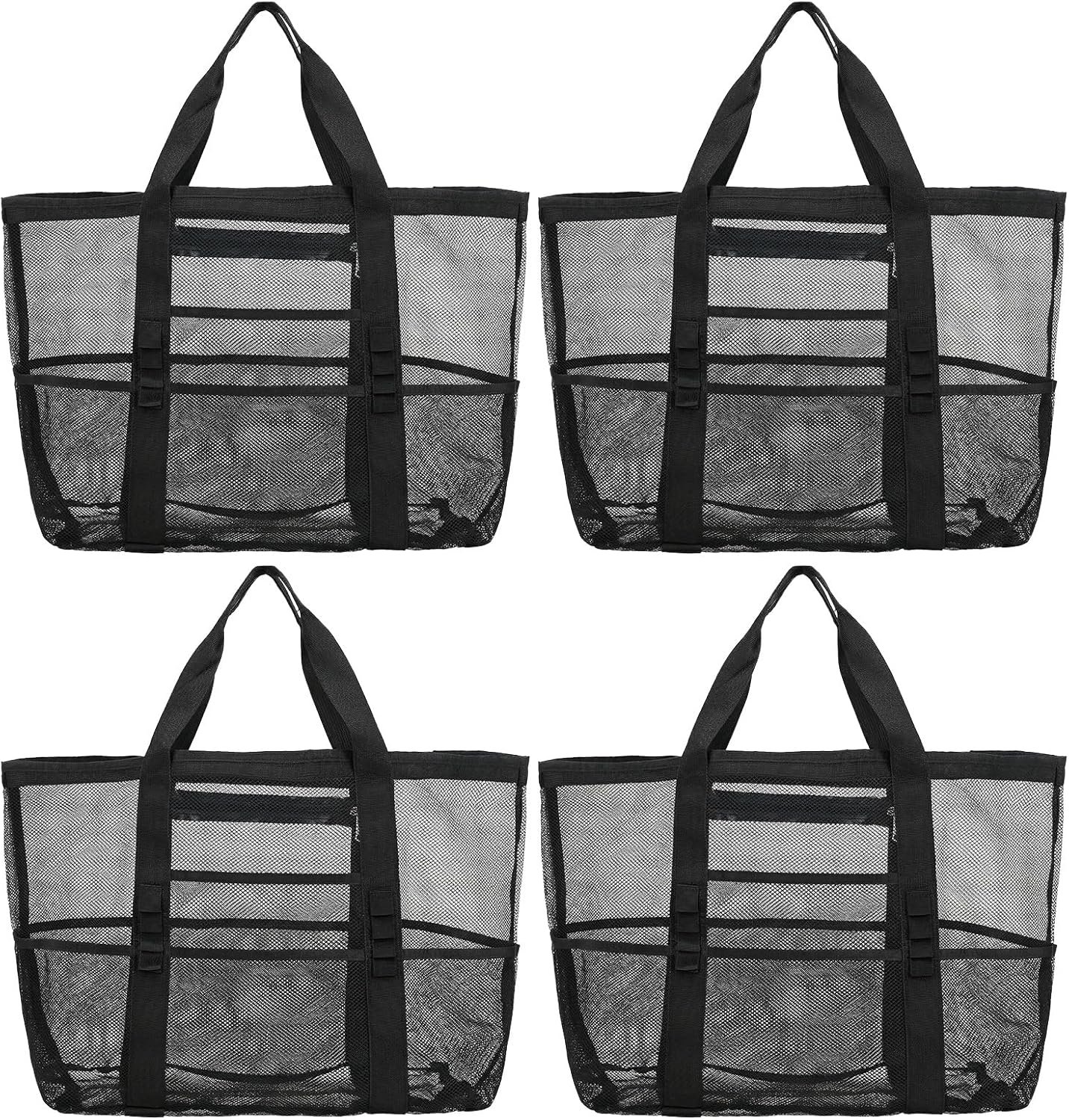 4 Pack Black Large Mesh Beach Bag – Lightweight & Foldable Family Beach Bags, Beach Tote Bag for Family Beach Bag for Toys & Vacation Essentials