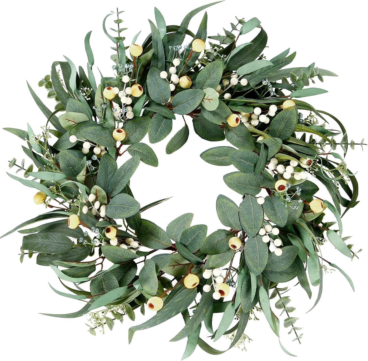 Sggvecsy Artificial Eucalyptus Wreath – 21 Inch Greenery Wreath with Green Leaves and Mixed White Berries for Spring/Summer Home Decor