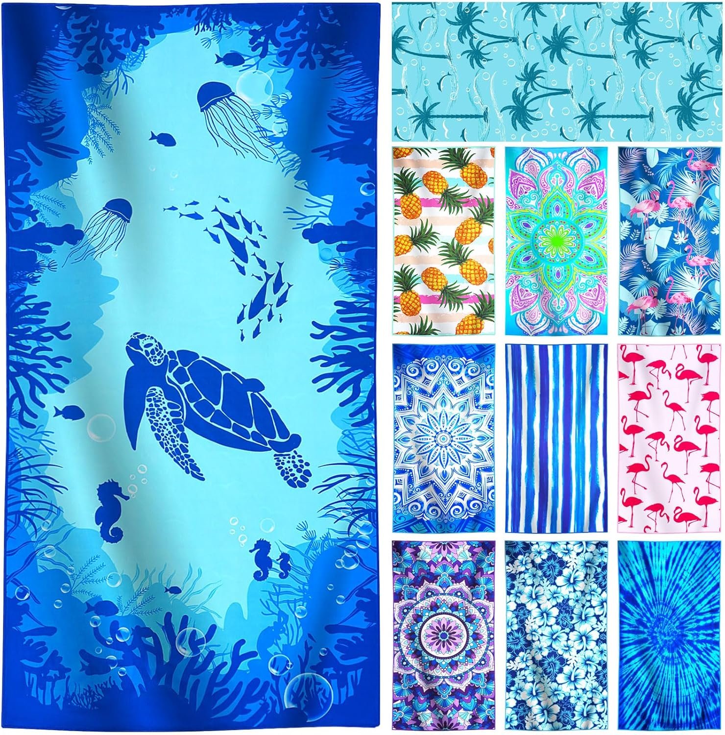 Lightweight Thin Microfiber Beach Towel Oversized Quick Dry Compact Sandproof Clearance Towels Sand Free Camping Swimming Pool Easy Pack Travel Accessories Essentials Women Adults Blue Turtle