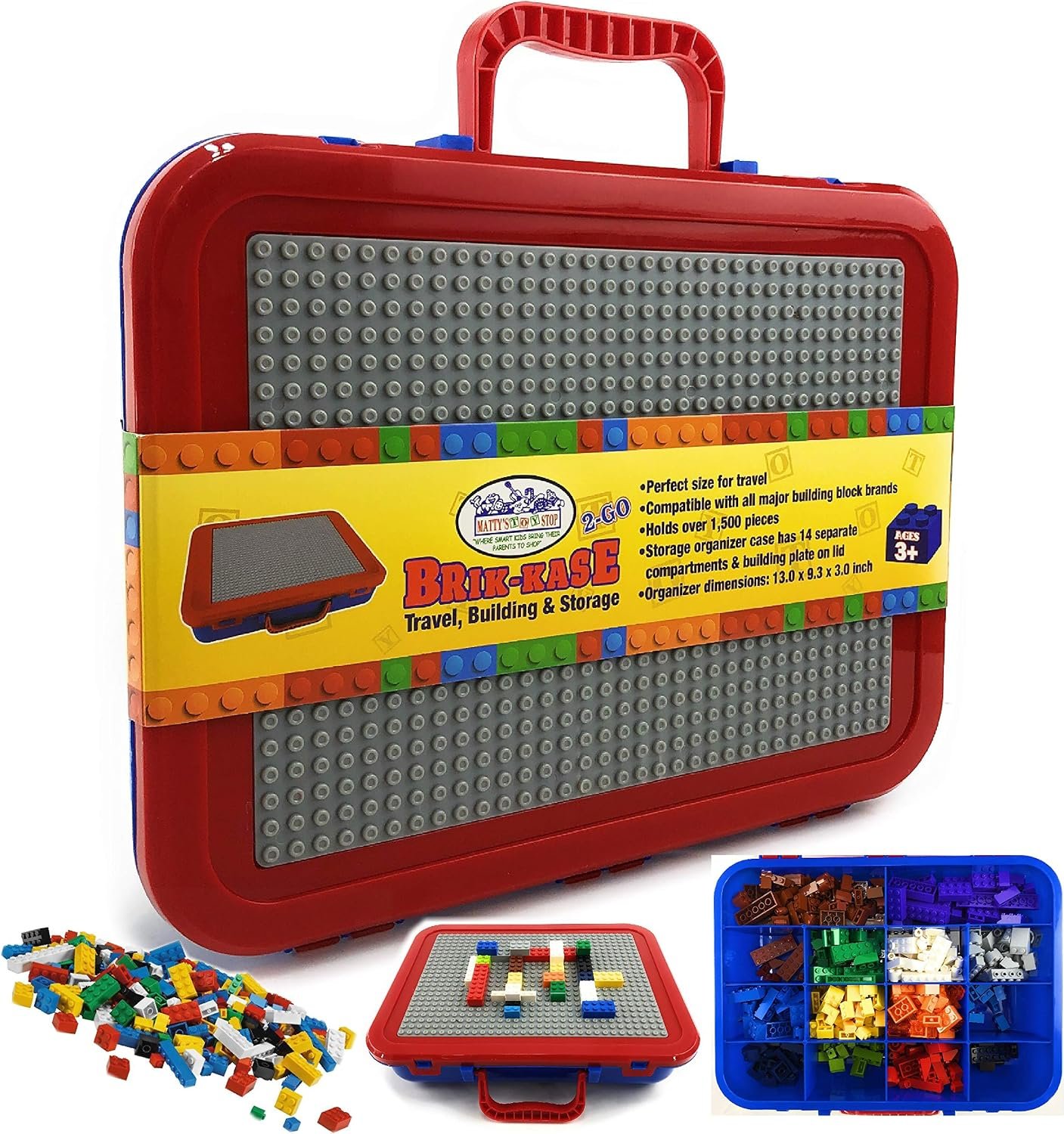 Matty’s Toy Stop Brik-Kase 2-GO 13″ Travel, Building, Storage & Organizer Container Case with Building Plate Lid (Holds Approx 1,500pcs) – Compatible With All Major Brands (Blue, Red & Gray)