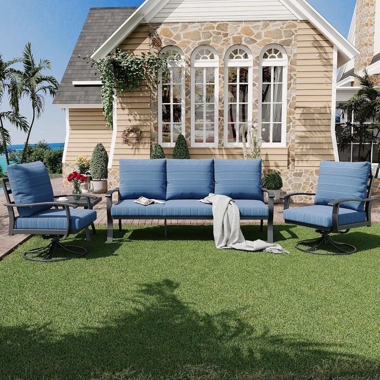 HOMREST Patio Furniture Sets 4 PCS Outdoor Metal Conversation Sets, 360 Degree Swivel Rocking Chairs Patio Conversation Set with Coffee Table and 3-Seat Sofa for Garden, Deck and Poolside