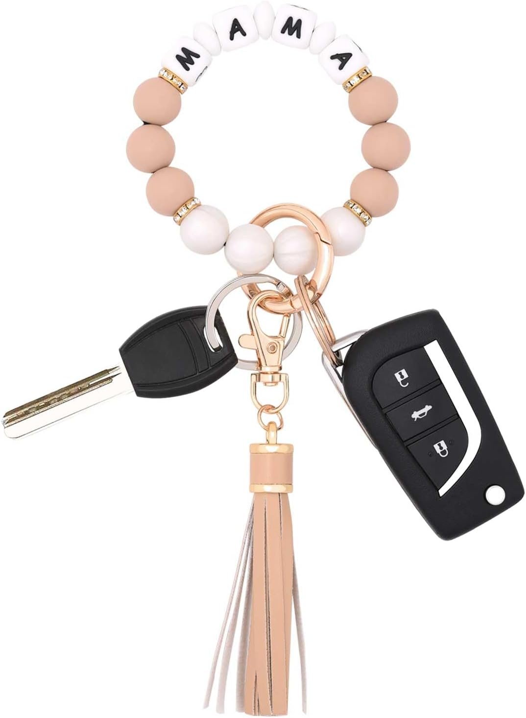 BAOSIWA Silicone Beaded Bracelet Keychain Wristlet Key Ring Bangle Chains for Women with Leather Tassel
